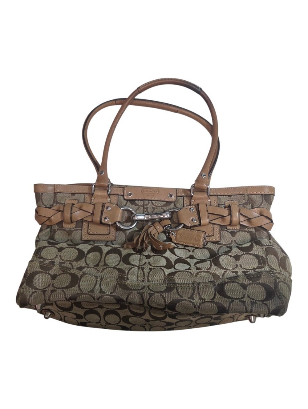 Vintage Y2K Coach F15665 Hampton Signature Braided Tote Canvas & Leather Tan